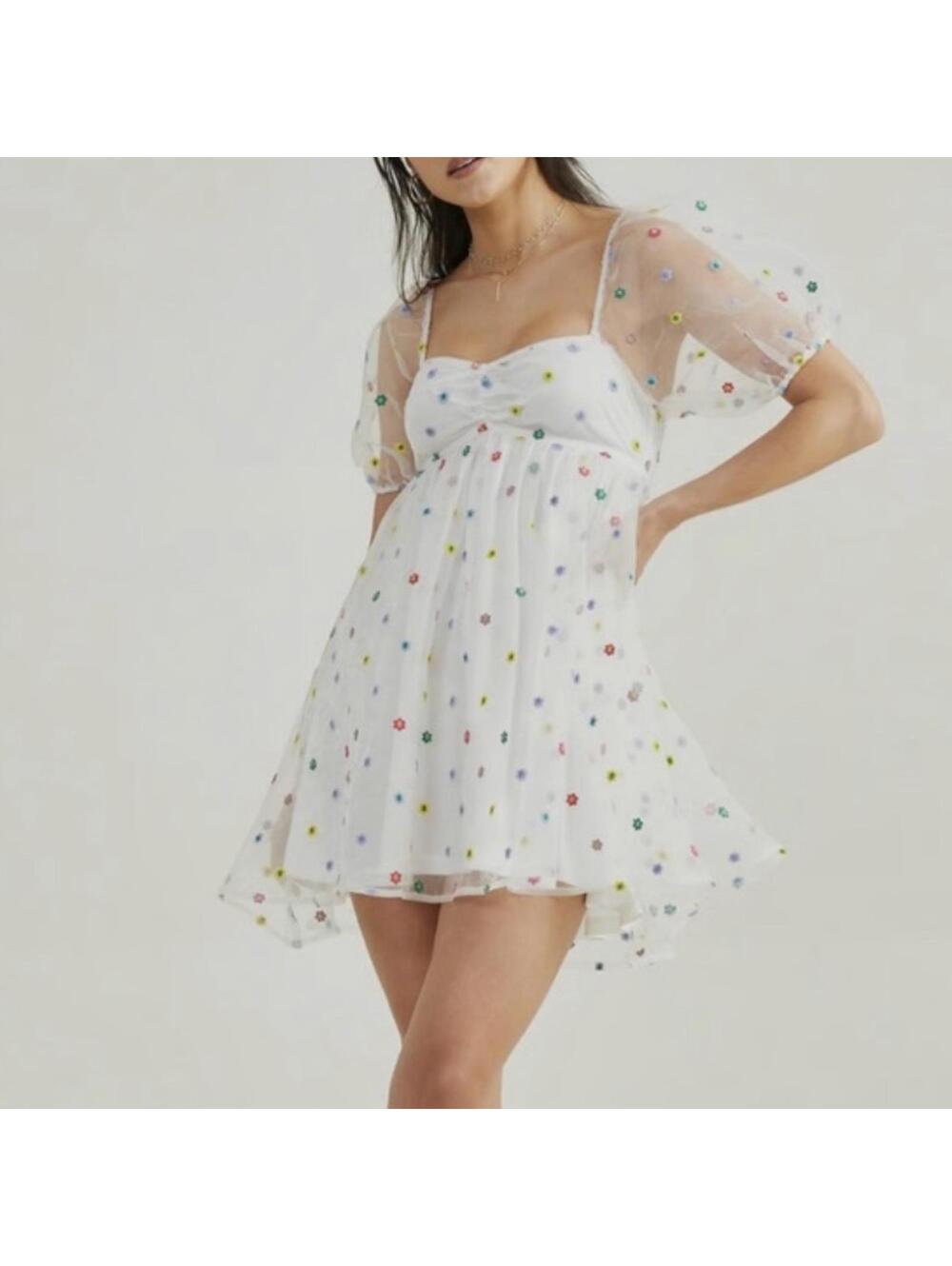 Altar'd State White Sheer Colorful Embroidered Puff Sleeve Babydoll Mini Dress